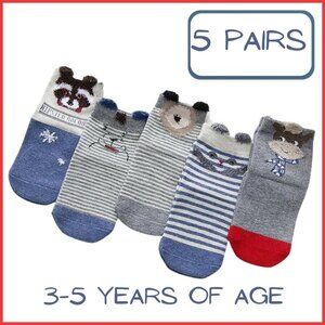 5 Pair Set Embroidered Animal Cotton Socks Fits Ages 3-5  SORRY, PRICE IS FIRM